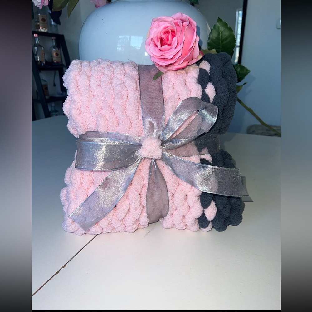 Hand Made Chunky Chenille baby blanket. 34x24 color: Charcoal Grey / Pink